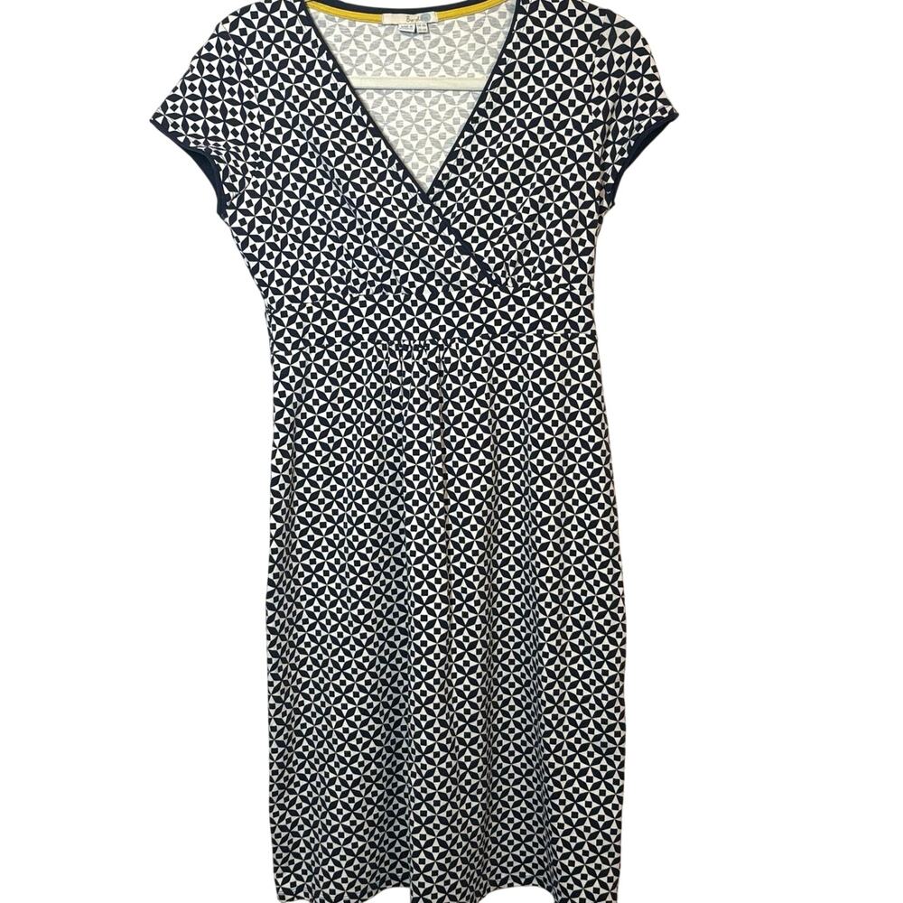 Boden Jenny Faux Wrap Dress Sz 4 / XS Navy White Geo Print V Neck Slim Fit - Picture 2 of 11